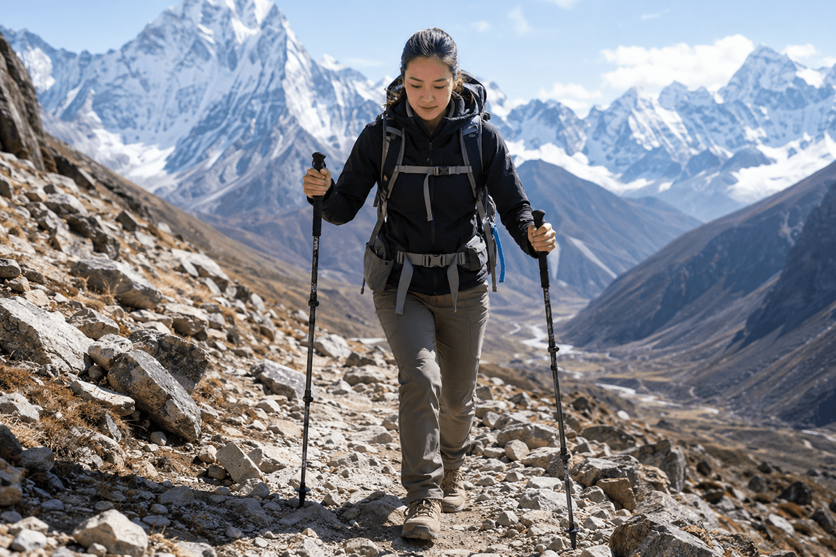 Trekking poles on uneven terrain