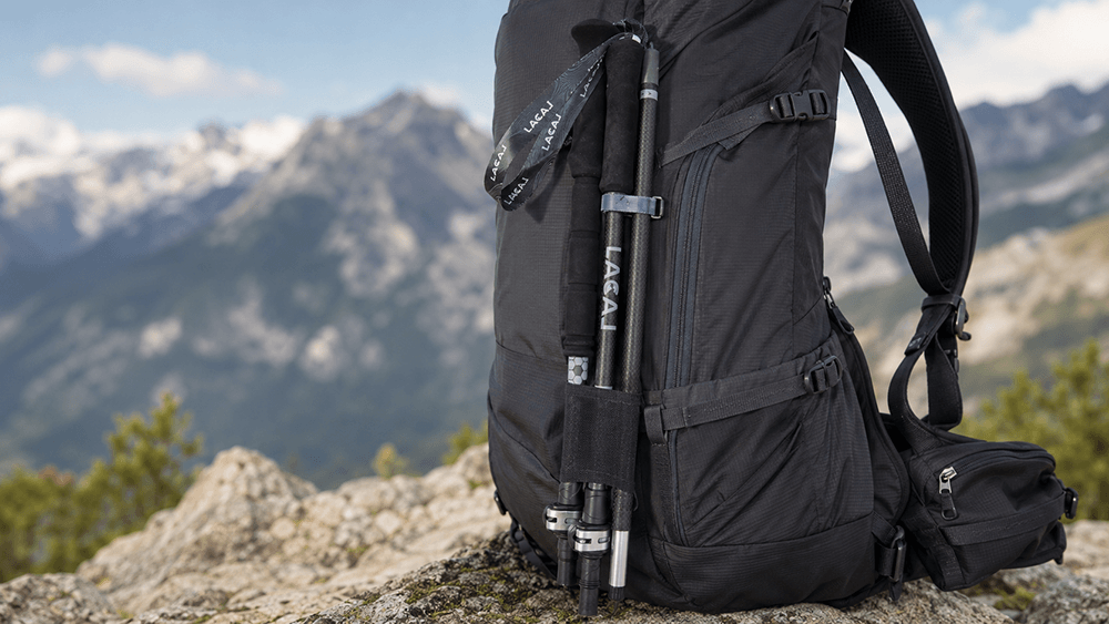 Trekking poles attached to backpack