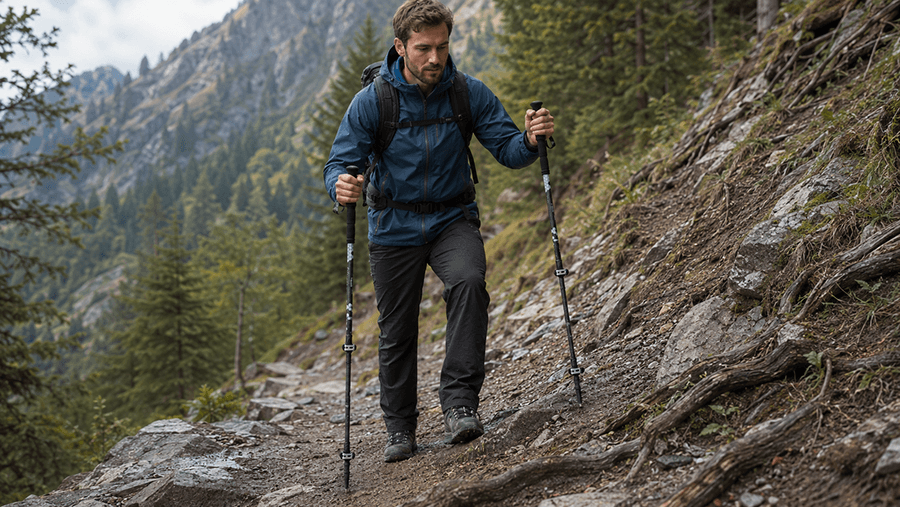 Trekking poles on uneven terrain