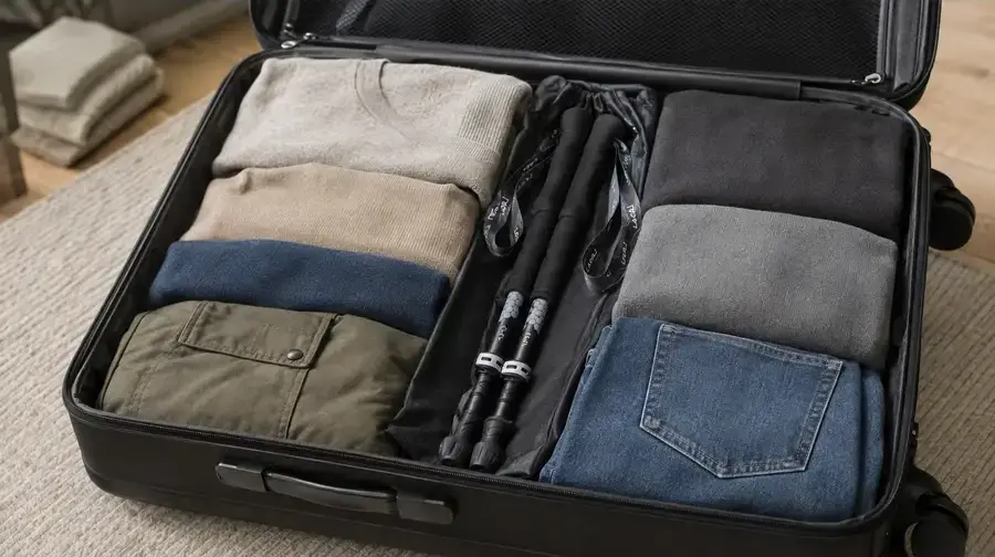 Trekking poles packed in checked baggage
