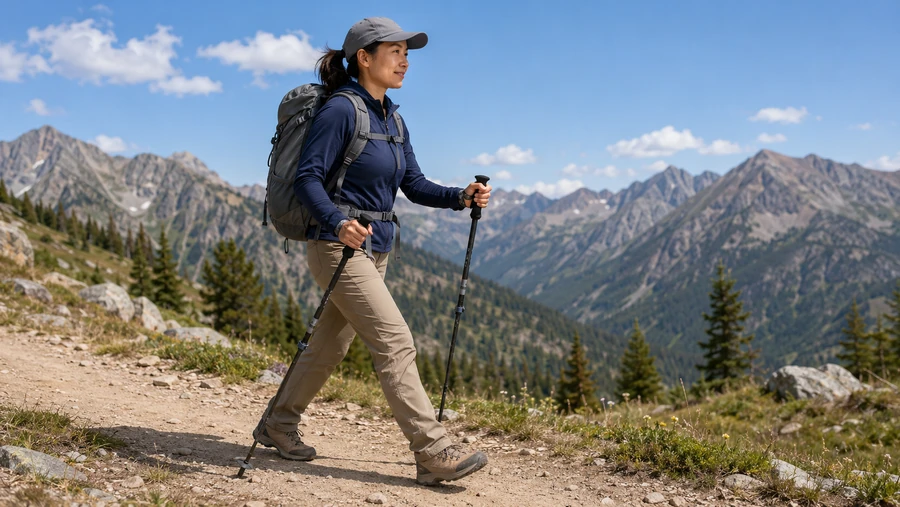 Correct trekking pole tip placement while walking