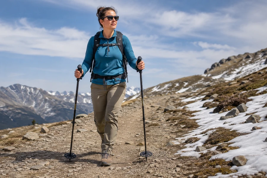 Using alpine ski poles for hiking on a mountain trail