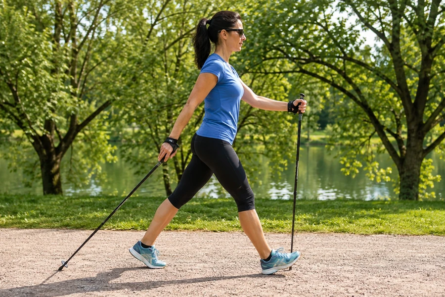 Nordic walking technique with specialized walking poles