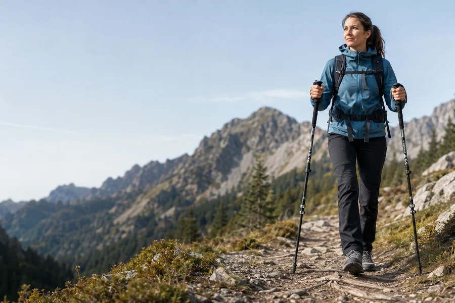 Beginner walking with trekking poles using opposite arm and leg