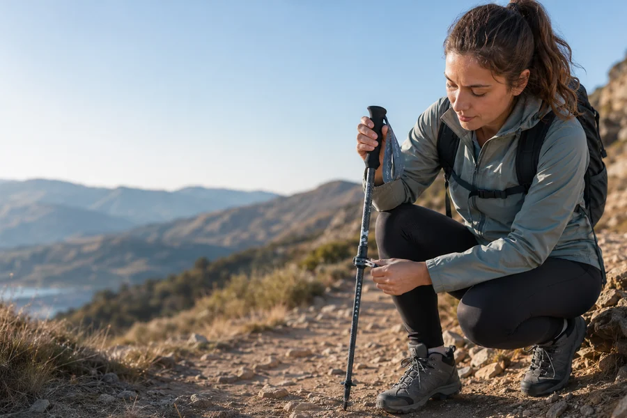 Beginner adjusting trekking pole length correctly