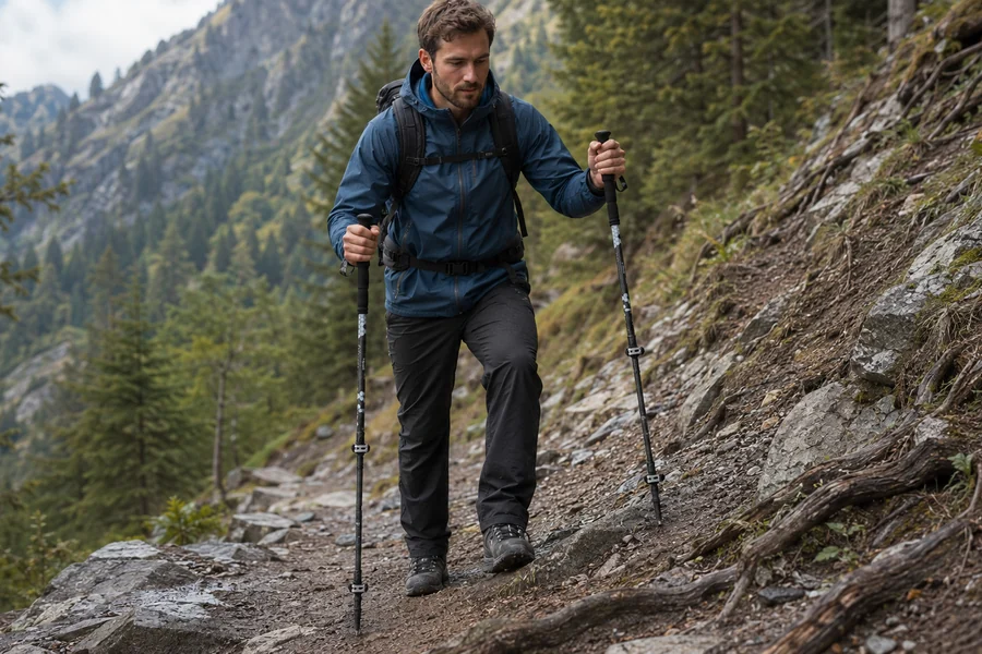 Beginner using trekking poles on uphill downhill and uneven terrain
